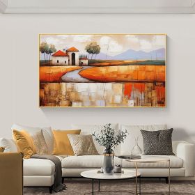 Hand Painted Oil Painting Abstract Village Oil Painting on Canvas Large Wall Art Original Minimalist Orange Landscape Art Custom Painting Boho Li (style: 01, size: 40x80cm)